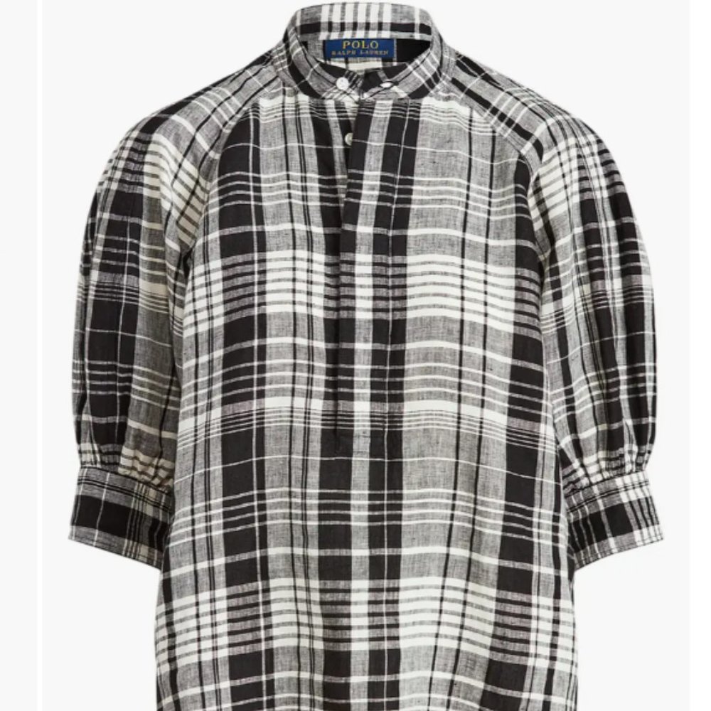 Ralph Lauren Cici Blouson-Sleeve Plaid Linen Popover - Picture 2 of 9